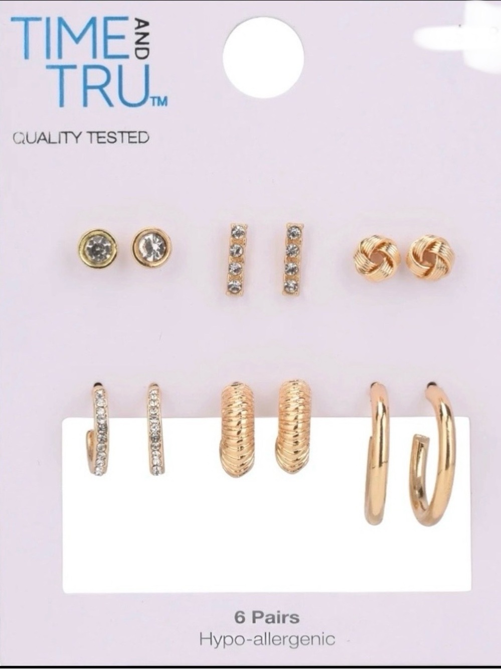 Time and Tru Gold Silver & Crystal Multi Pack Hypoallergenic Earrings